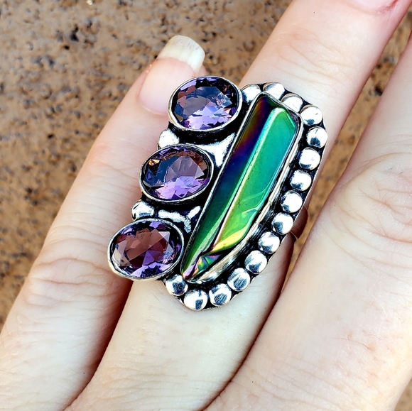 New Rainbow Hematite and Amethyst 925 Silver Ring. - Picture 9 of 16